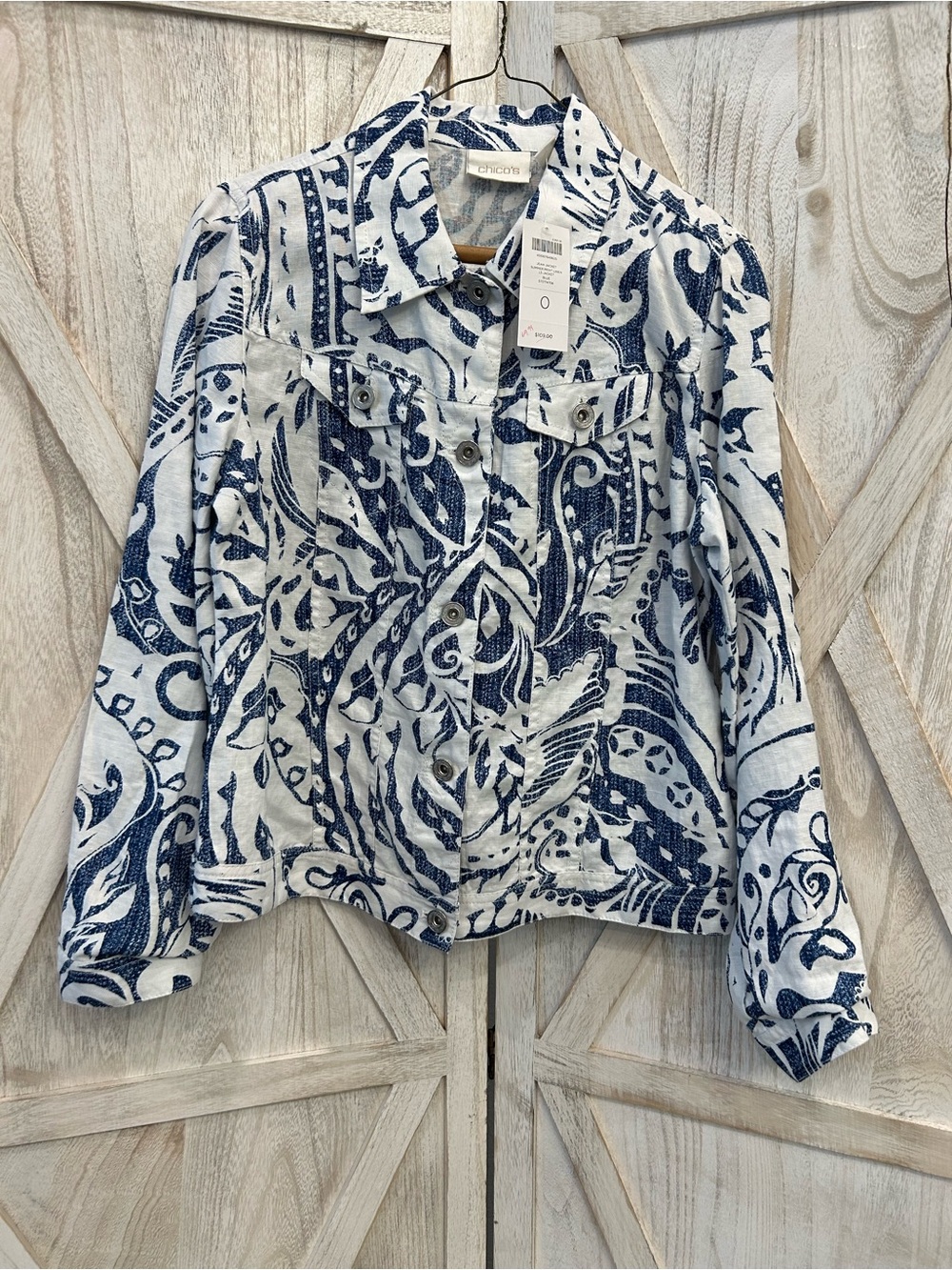 Chico's Navy & White Printed Button-Front Jean Jacket